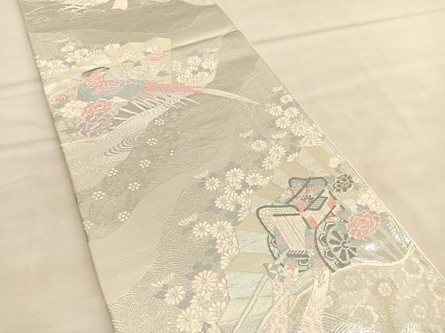 平和屋着物◎六通柄袋帯 唐織 花車扇鳥文 プラチナ二重箔 正絹 逸品 BAAU4884hv
