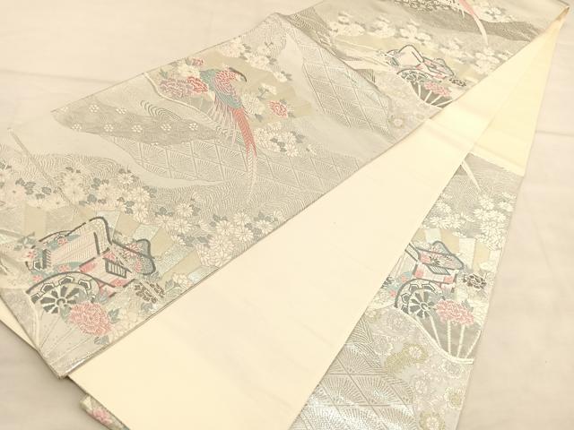 平和屋着物◎六通柄袋帯 唐織 花車扇鳥文 プラチナ二重箔 正絹 逸品 BAAU4884hv