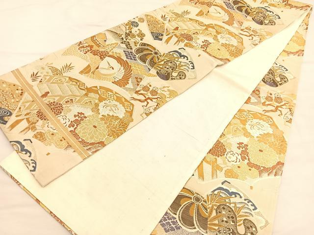 平和屋着物◎アンティーク 大正ロマン 全通柄京袋帯 唐織 冊子鶴花文 金糸 正絹 逸品 BAAU4900hv