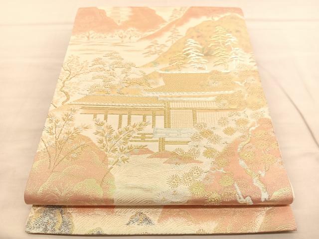 平和屋着物◎六通柄袋帯 美綾にしき 風景文 金銀糸 引箔 正絹 逸品 未使用 BAAU4911hv