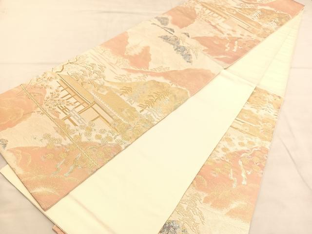 平和屋着物◎六通柄袋帯 美綾にしき 風景文 金銀糸 引箔 正絹 逸品 未使用 BAAU4911hv