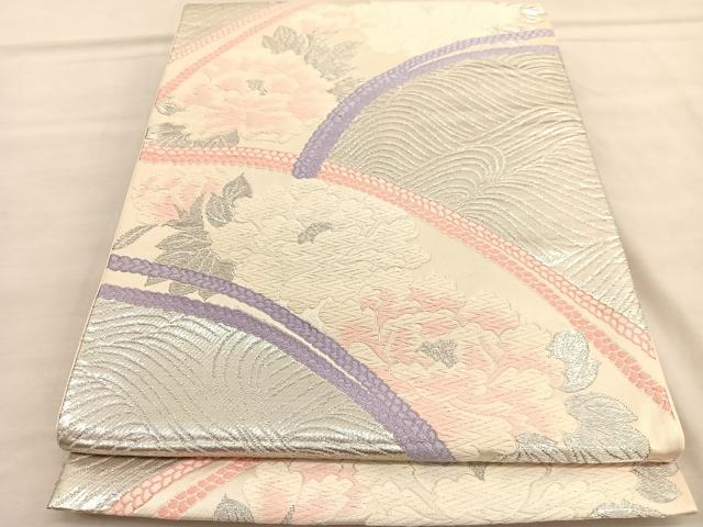 平和屋着物◎六通柄袋帯 唐織 立波牡丹文 銀糸 正絹 逸品 BAAU4922hv