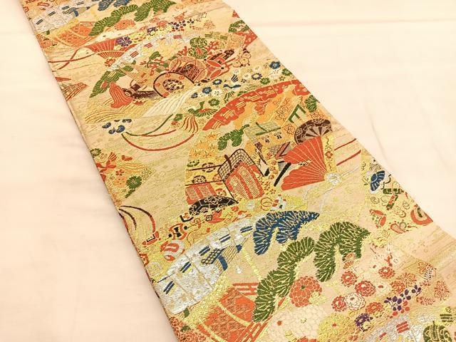 平和屋着物◎アンティーク 大正ロマン 九寸開き名古屋帯 唐織 檜扇楽器花文 金銀糸 正絹 逸品 BAAU4939hv