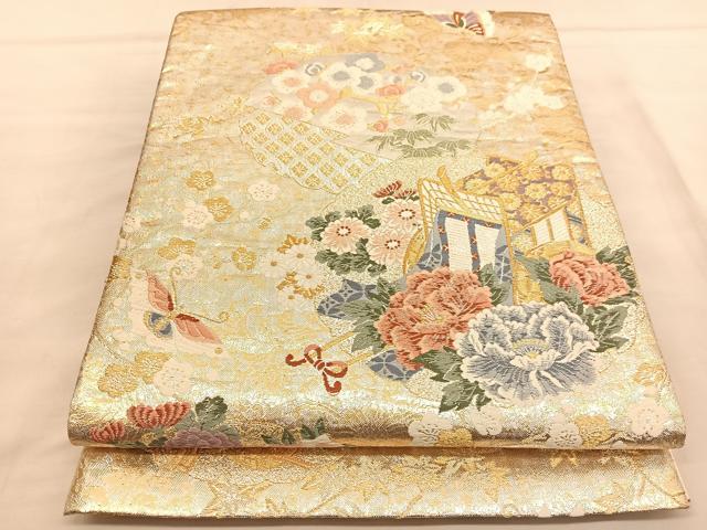 平和屋着物◎六通柄袋帯 唐織 御所車花蝶文 金銀糸 正絹 逸品 BAAU4957hv