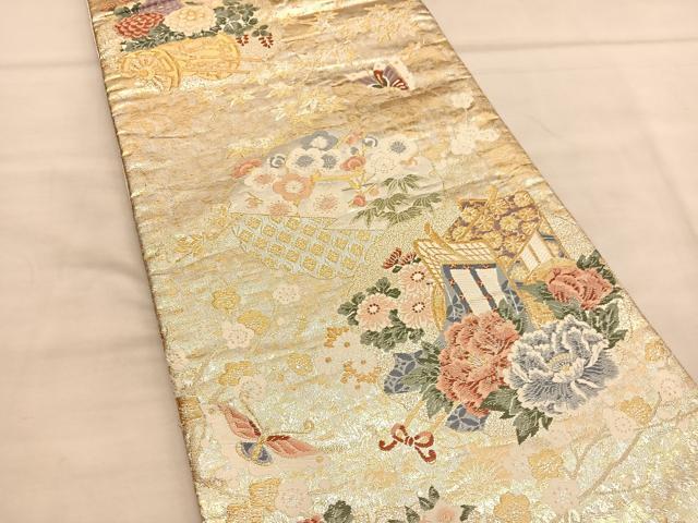平和屋着物◎六通柄袋帯 唐織 御所車花蝶文 金銀糸 正絹 逸品 BAAU4957hv