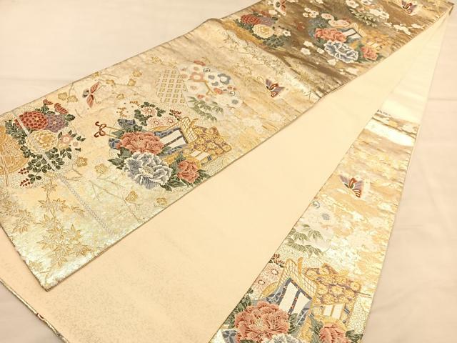 平和屋着物◎六通柄袋帯 唐織 御所車花蝶文 金銀糸 正絹 逸品 BAAU4957hv