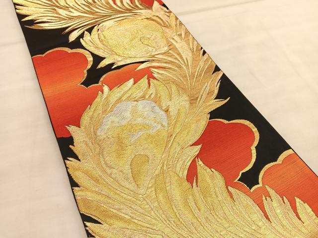 平和屋着物◎六通柄袋帯 雲取り孔雀羽根文 黒地 金銀糸 正絹 逸品 BAAU4990hv