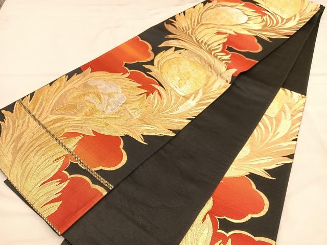 平和屋着物◎六通柄袋帯 雲取り孔雀羽根文 黒地 金銀糸 正絹 逸品 BAAU4990hv