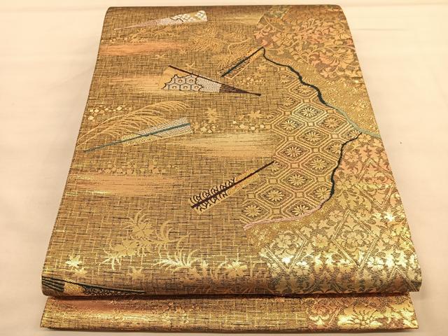 平和屋着物◎六通柄袋帯 唐織 扇面花唐草文 金銀糸 正絹 逸品 BAAU4994hv