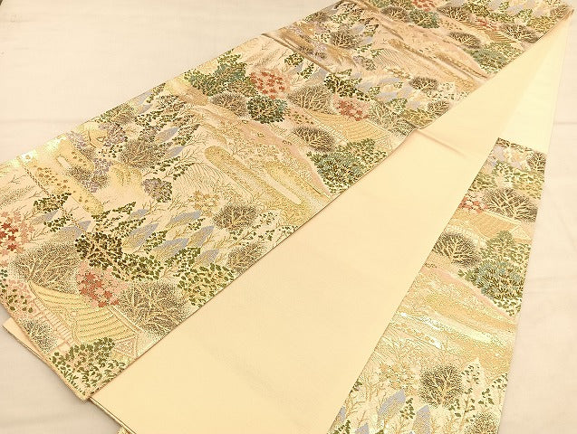 平和屋着物◎六通柄袋帯 唐織 風景文 金糸 正絹 逸品 BAAU5021hv