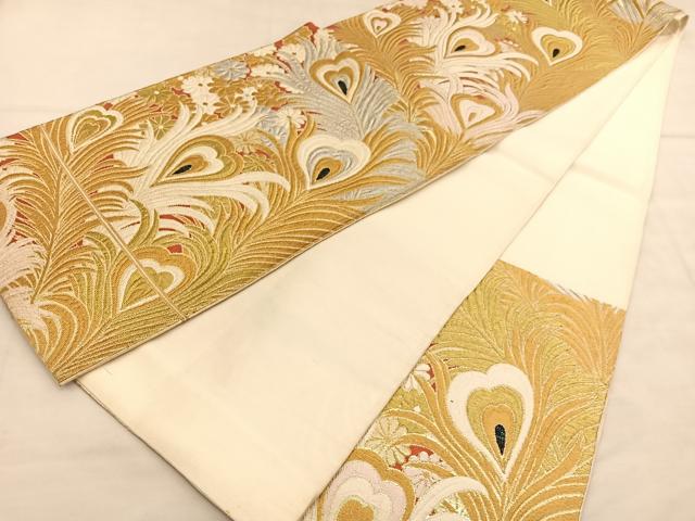 平和屋着物◎六通柄京袋帯 唐織 孔雀羽根花文 金銀糸 正絹 逸品 BAAU5037hv
