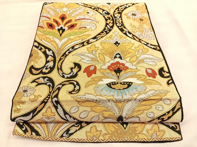 平和屋着物◎六通柄 本袋帯 唐織 更紗飾花文 黒地 金銀糸 正絹 逸品 BAAU5079hv