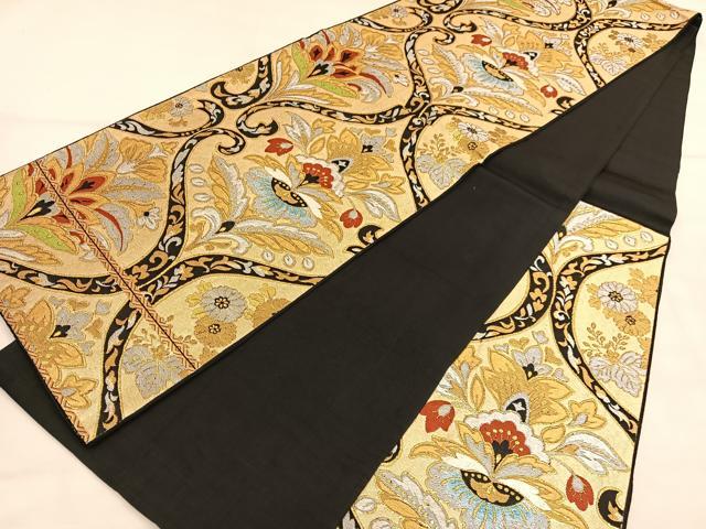 平和屋着物◎六通柄 本袋帯 唐織 更紗飾花文 黒地 金銀糸 正絹 逸品 BAAU5079hv