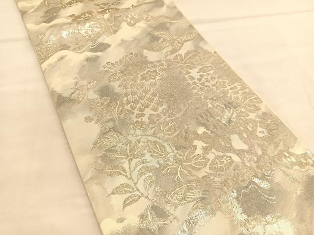 平和屋着物◎六通柄袋帯 花鳥文 銀糸 正絹 逸品 BAAU5094hv