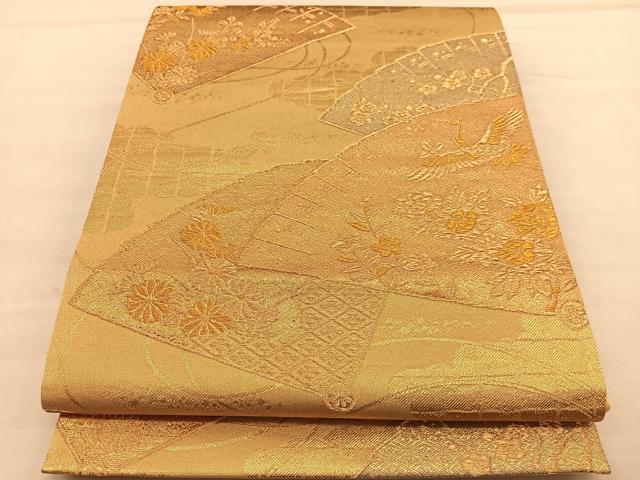 平和屋着物◎六通柄袋帯 飛鶴花文 金彩錦 正絹 逸品 BAAU5118hv