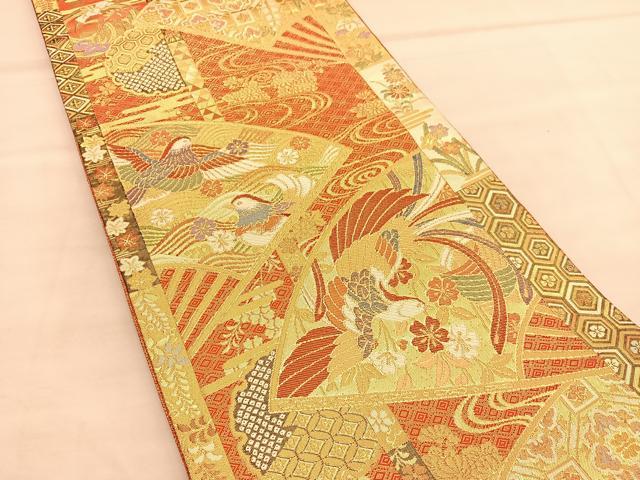 平和屋着物◎佐賀錦 六通柄袋帯 鳳凰扇面花文 金糸 正絹 逸品 BAAU5130hv