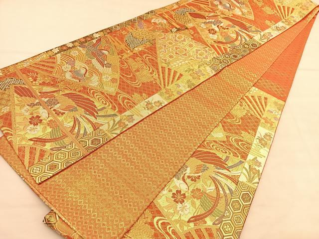 平和屋着物◎佐賀錦 六通柄袋帯 鳳凰扇面花文 金糸 正絹 逸品 BAAU5130hv