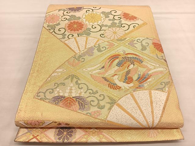 平和屋着物◎六通柄袋帯 唐織 鳳凰扇面花唐草文 金糸 正絹 逸品 BAAU5172hv