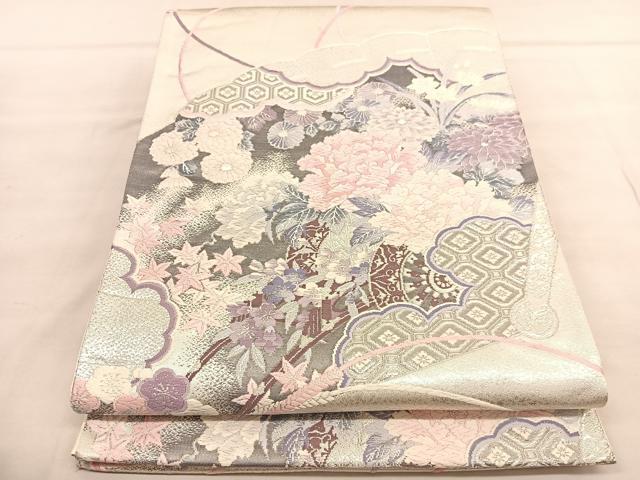平和屋着物◎六通柄袋帯 唐織 草花錦 プラチナ二重織 花車文 正絹 逸品 BAAU5181hv
