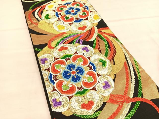 平和屋着物◎六通柄袋帯 唐織 束ね熨斗宝相華 黒地 金糸 正絹 逸品 BAAU5187hv
