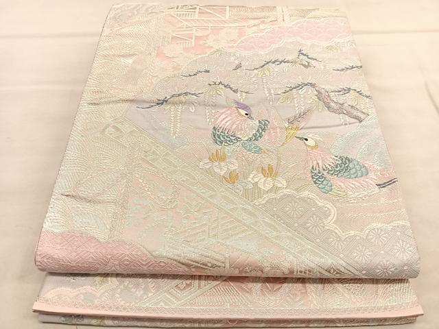 平和屋着物◎六通柄袋帯 唐織 王鳥扇花文 銀糸 正絹 逸品 BAAU5189hv