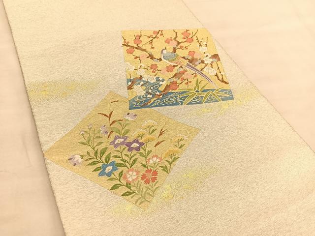 平和屋着物◎太鼓柄袋帯 綴れ 色紙花鳥文 金糸 正絹 逸品 BAAU5198hv