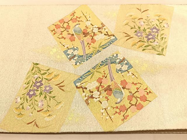 平和屋着物◎太鼓柄袋帯 綴れ 色紙花鳥文 金糸 正絹 逸品 BAAU5198hv