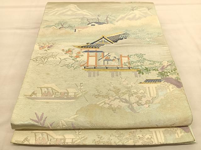 平和屋着物◎六通柄袋帯 唐織 人物風景文 金銀糸 正絹 逸品 BAAU5199hv