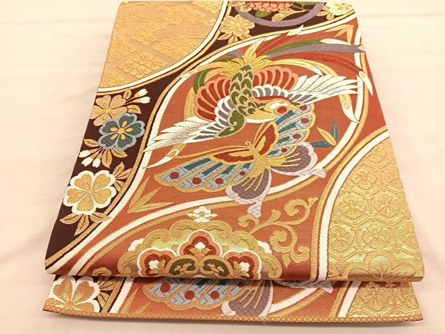 平和屋着物◎六通柄袋帯 唐織 鳳凰花蝶文 金糸 正絹 逸品 BAAU5208hv