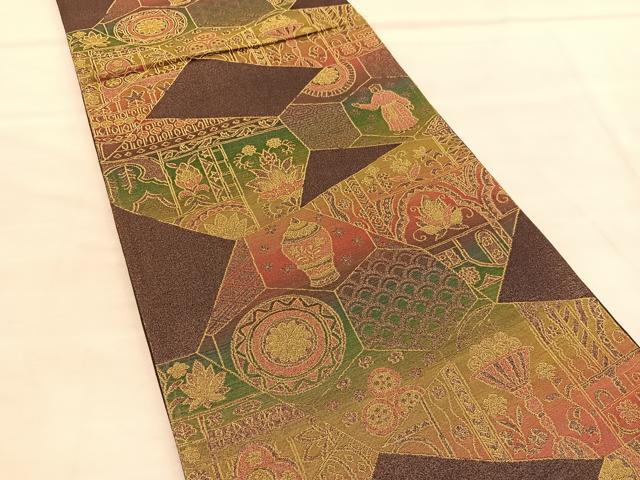 平和屋着物◎六通柄袋帯 切嵌陶器人物花文 金糸 正絹 逸品 BAAU5212hv