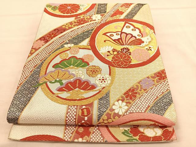 平和屋着物◎佐賀錦 六通柄袋帯 唐織 花蝶丸文 金銀糸 正絹 逸品 BAAU5226hv