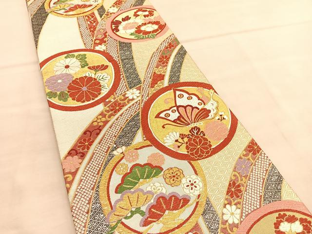 平和屋着物◎佐賀錦 六通柄袋帯 唐織 花蝶丸文 金銀糸 正絹 逸品 BAAU5226hv