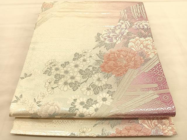 平和屋着物◎六通柄袋帯 扇牡丹花文 銀糸 正絹 逸品 BAAU5277hv