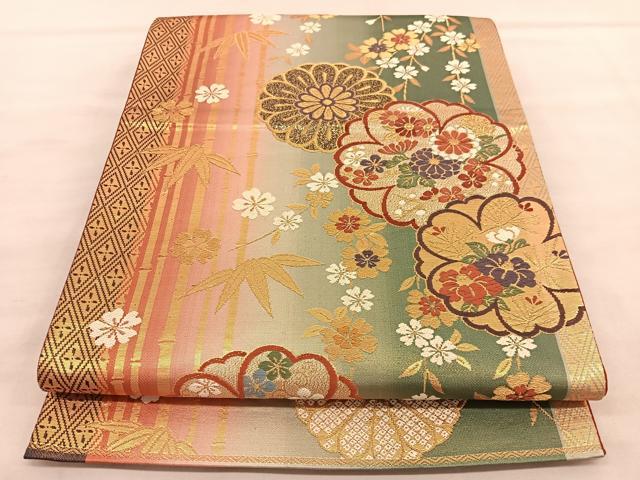 平和屋着物◎六通柄袋帯 唐織 笹竹花文 金糸 正絹 逸品 BAAU5355hv