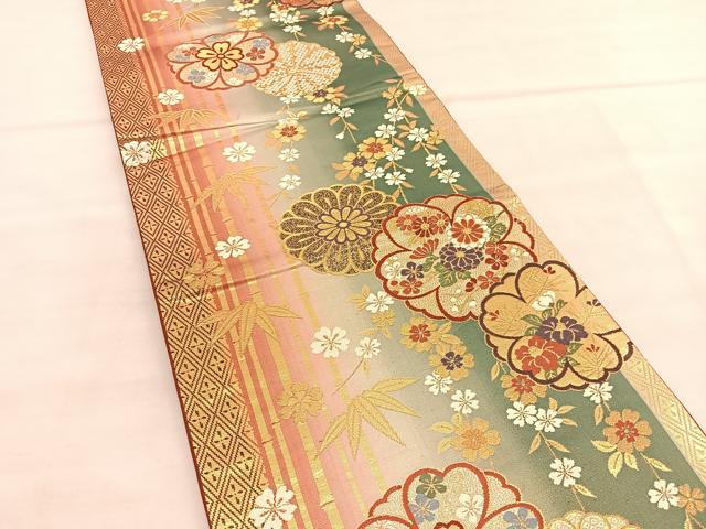平和屋着物◎六通柄袋帯 唐織 笹竹花文 金糸 正絹 逸品 BAAU5355hv
