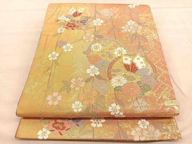 平和屋着物◎六通柄袋帯 唐織 花蝶丸文 金糸 正絹 逸品 BAAU5387hv