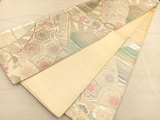 平和屋着物◎六通柄袋帯 唐織 鳳凰亀甲花文 銀糸 正絹 逸品 BAAU5423hv