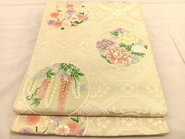 平和屋着物◎六通柄袋帯 唐織 菱天井花文 銀糸 正絹 逸品 BAAU5441hv