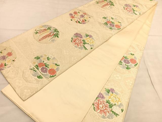 平和屋着物◎六通柄袋帯 唐織 菱天井花文 銀糸 正絹 逸品 BAAU5441hv