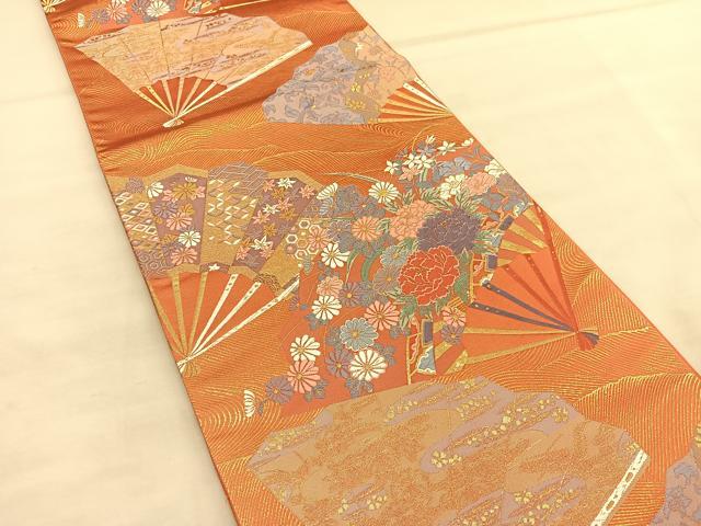 平和屋着物◎六通柄袋帯 唐織 春秋雅扇文 金糸 正絹 逸品 BAAU5466hv