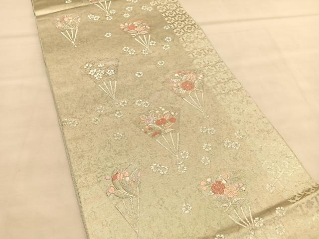 平和屋着物◎六通柄袋帯 唐織 扇面花文 銀糸 正絹 逸品 BAAU5468hv
