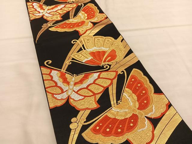 平和屋着物◎六通柄袋帯 唐織 舞蝶文 黒地 金銀糸 正絹 逸品 BAAU5531hv