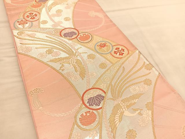 平和屋着物◎六通柄袋帯 唐織 扇面鳳凰花文 金銀糸 正絹 逸品 BAAU5547hv