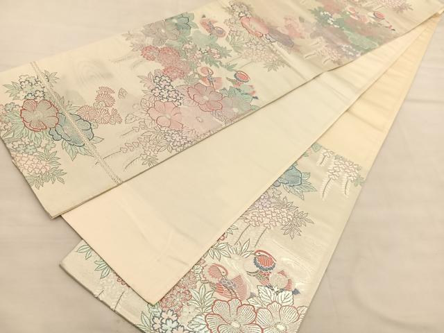 平和屋着物◎六通柄袋帯 流水鴛鴦文 九百プラチナ 銀糸 正絹 逸品 BAAU5574hv