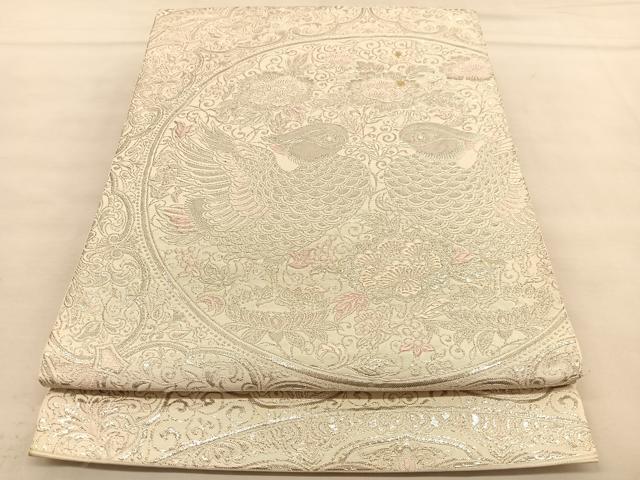 平和屋着物◎六通柄袋帯 唐織 向かい鴛鴦花丸文 プラチナ箔 正絹 逸品 BAAU5598hv