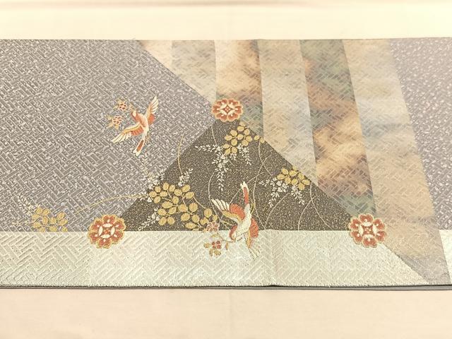 平和屋着物◎太鼓柄袋帯 唐織 花喰い鳥 草木染 金銀糸 正絹 逸品 BAAU5606hv