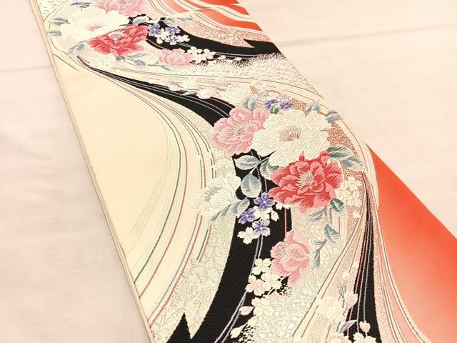 平和屋着物◎六通柄袋帯 唐織 草花文 銀糸 正絹 逸品 BAAU5617hv