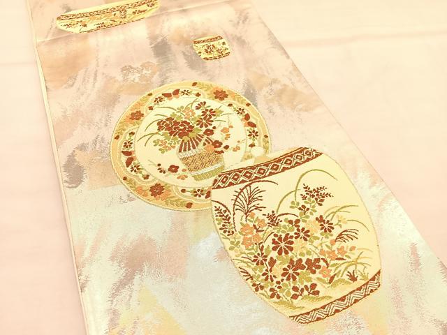 平和屋着物◎六通柄袋帯 唐織 陶器花文 金糸 引箔 正絹 逸品 BAAU5618hv
