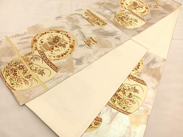 平和屋着物◎六通柄袋帯 唐織 陶器花文 金糸 引箔 正絹 逸品 BAAU5618hv