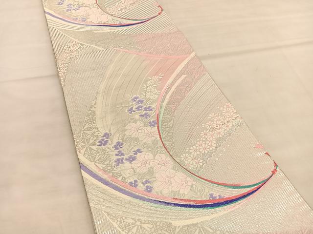 平和屋着物◎両面 六通柄袋帯 唐織 束ね熨斗花文 銀糸 正絹 逸品 BAAU5619hv